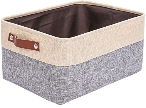 Mangata Fabric Storage Boxes, Thickened Canvas Storage Baskets with Handle for Shelves, Clothes Toys(L, Grey/Beige, without Drawstring,1 Pcs)