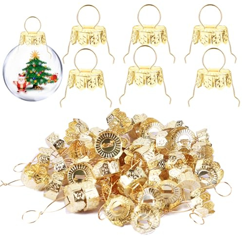 100 uppsättningar runda julprydnader toppar kepsar, 3 storlekar av julprydnad ersättning metalltoppar, prydnadstoppningslock för julbollar julgran klara ornament glas gör-det-själv dekor (1 cm, guld)