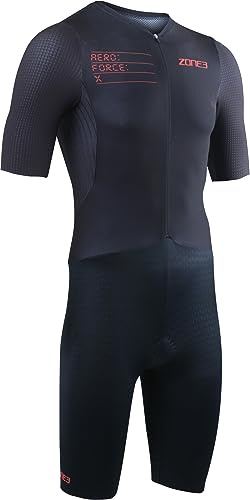 ZONE3 Men's Aeroforce-X II Short Sleeve Trisuit Designed To Be World's Fastest Pro Triathlon Suit Made in Britain (L, Black)