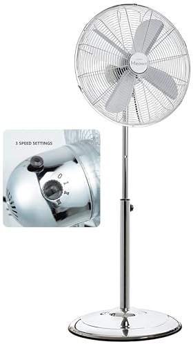 Meown 16 Chrome Pedestal Fan – Quiet Standing Floor Fan with Adjustable Height to 140cm, 3-Speed Oscillating Cooling, Tilting Head, UK 3-Pin Plug – Ideal for Bedroom, Home, Office Use