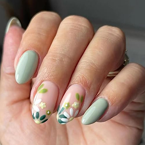 24 Stück Künstliche Nägel Kurz Mandel Falsche Nägel Französische Grüne Blume Acryl Press on Nails 12 Größen Kunstnägel Nägel Zum Aufkleben für Frauen und Mädchen Party und Heimat DIY