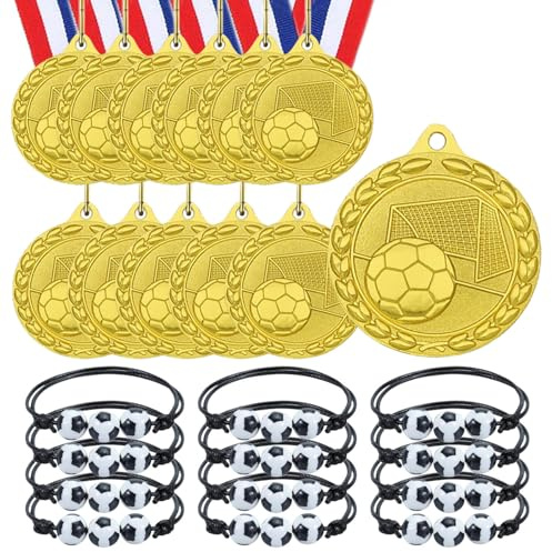 YUJUE 12 Médaille Foot, 12 Bracelets de Football, Cadeaux de Fête de Football, Médailles en Métal D'anniversaire pour Enfants, Médailles d'or Pour les Fêtes D'anniversaire de Football