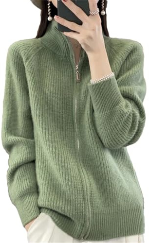 Cardigan da donna in pura lana con cerniera, con colletto rialzato, in cashmere, lavorato a maglia, EN8, L