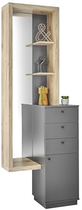 Stella Trading FRAME Porte-manteau mural Ensemble de vestiaires d'entrée en aspect Viking Oak, anthracite-Portemanteau moderne avec miroir pour votre entrée, 72 x 200 x 35 cm (L/H/P)