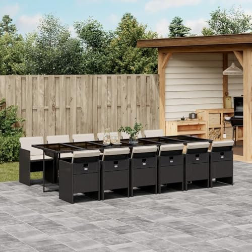 Homgoday Juego de 13 muebles de jardín con cojines y sillas de jardín con mesa, muebles de balcón, grupo de comedor para 12 personas, para jardín, terraza, color negro y blanco crema