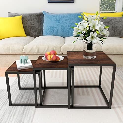 HAHRIR Nesting Table Set of 3 Side Wooden Tables, Square End Tables，Coffee Table with Metal Frame (Rustic Brown)