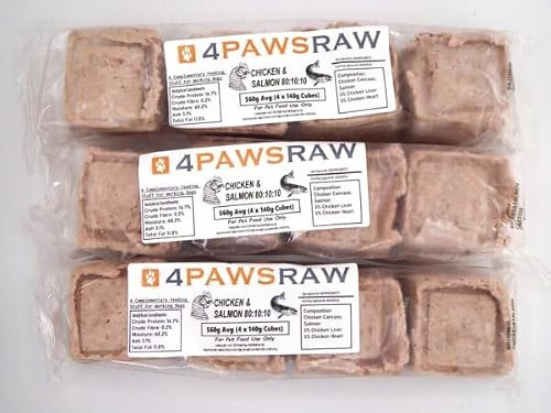 4PAWSRAW Frozen Raw Dog Food Chicken & Salmon 80/10/10 Mince 11.2kg (20 x 560g Packs) Complete Meal BARF Diet