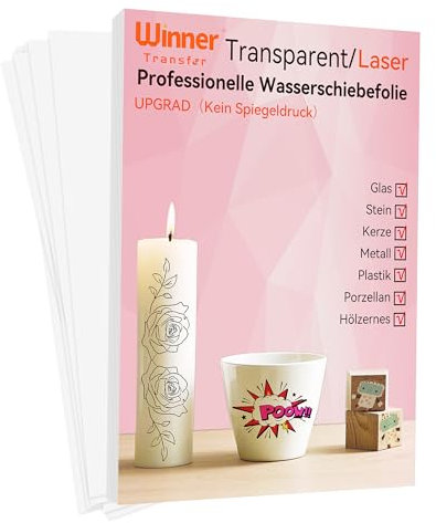 WinnerTransfer A4X10, Laser Wasserschiebefolie(TRANSPARENT),Kerzentattoos, Water Slide Paper - Wasser Transferfolie, für Spielzeugmodelle,Tassen,Keramik, Glas, Kunststoff(D-WT-8-10-Neu)