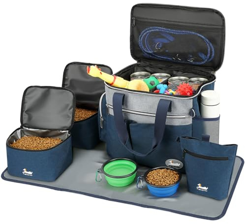 TAIHOYIN Dog Travel Bag for Pet Kit Outdoor with 2 Food Bags + 2 Collapsible Bowls + Feeding Mat + Dog Treat Bum Pouch 7-Piece Set for Pet Accessories Organizer Traveling Walking Camping, Navy Blue
