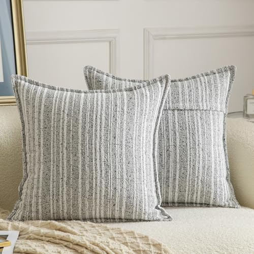 Madizz Juego de 2 Funda de cojíns Decorativas de Bucles con Borde Neutras Boho Fundas de Almohada Rayada para Sofá Dormitorio Salón Gris Blanco Cuadrado 45 x 45 cm