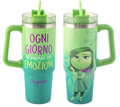 H&H Tumbler Termico Inside Out, Personaggio Disgusto, 0,90L, Acciaio Inox 18/10, con Cannuccia, Verde, per Bevande Calde e Fredde