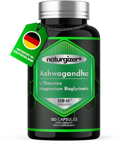 Ashwagandha KSM-66 mit L-Theanin und Magnesiumbisglycinat | 3-in-1-Komplexformel für deine tägliche Wellness-Routine | Hohe Reinheit | 120 vegane Kapseln | Naturgizer+