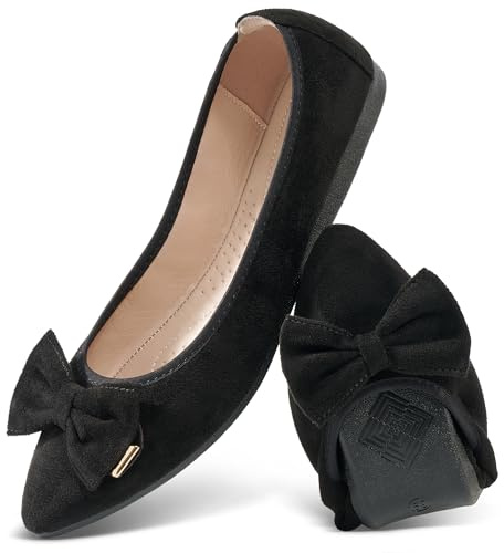 FUDYNMALC Womens Ballet Flats Shoes: Foldable Dressy Wedding Ballerina Shoes Sparkly Bowknot Pointed Toe Slip on Walking Loafers, Black, Size 9