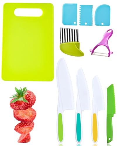 FUGLUS Juego de cuchillos infantiles de 10 piezas: Cuchillos de cocina seguros para niños a partir de 2 años, cuchillos Montessori y un juego de utensilios de cocina infantiles para cortar y cocinar