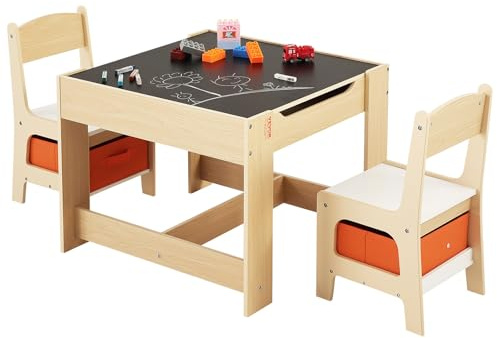 VEVOR Mesa Infantil, con 2 Sillas y Caja de Almacenamiento de Tela Debajo de Las Sillas, para Leer, Aprender, Dibujar y Escribir, Conjunto de Asientos para Guardería, para Niños de 2 a 8 Años