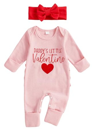 Xeadoffubio Newborn Girl My First Valentines Day Romper Mama's/Daddy's Valentine Letter Heart Print Long Sleeve Footie Jumpsuit with Bow Headband Set (Pink Daddy, 0-3 Months)