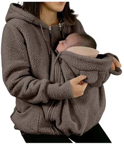 Générique Veste de maternité d'hiver polaire avec insert amovible pour bébé, capuche et poches partagées - Manteau chaud en coton doux pour allaitement et extérieur, confortable et fonctionnel