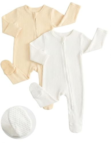 WYTbaby Baby Sleepsuits 2 Pack Cotton Premature Baby Clothes Footed Pajamas With Mitten Cuffs for Newborn-18 Months