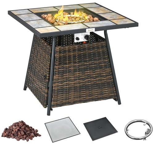 Outsunny Outdoor PE Rattan Gas Fire Pit Table, Square Gas Burner Patio Heater with Fire Control Panel, Slate Desktop, Lid and Lava Rocks, 50,000 BTU, Brown