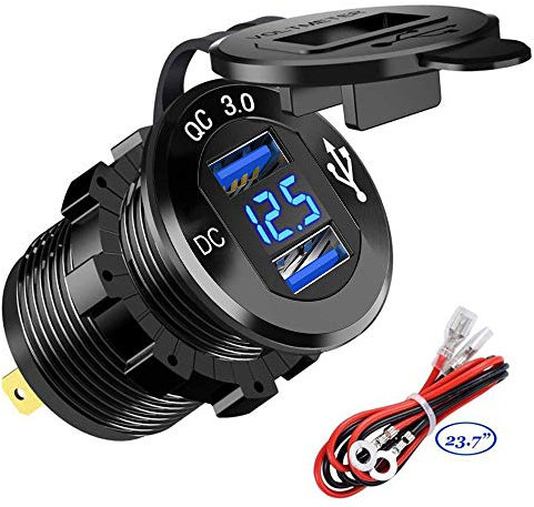 Chargeur de Voiture Rapide USB Deux QC3.0 USB Les Ports, 12V / 24V 36W Étanche avec voltmètre numérique LED pour Moto, Caravane, Camion, Bateau et Plus
