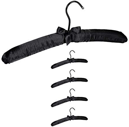 Relaxdays Kleiderbügel Satin, 5er Pack, weich gepolstert, 360° drehbarer Haken, dekorative Schleife, 38 cm, schwarz, 5 Stück
