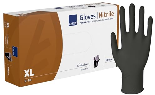 ABENA Black Disposable Nitrile Gloves, X Large, Pack of 100, Powder Free, Latex Free, Examination Gloves for Cleaning, Food Prep, Beauty, Medical & Hygiene, Strong Single Use Protective Gloves