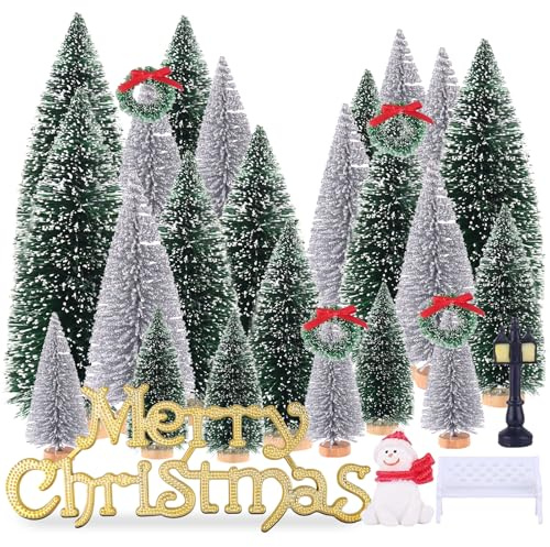 Mini Christmas Tree, Small Pine Tree with Wooden Bases for Xmas Holiday Party Home Tabletop Tree Decor (Silver/Green 30pcs)