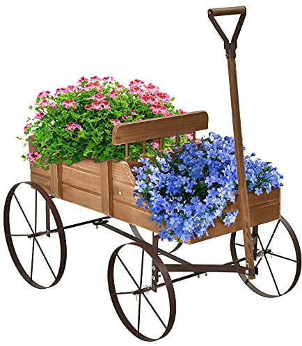 Goplus Wagon Planter, Decorative Wooden Garden Planter with Wheels, 2 Planting Sections and Adjustable Handle, Indoor Outdoor Backyard Balcony Decor (Brown)