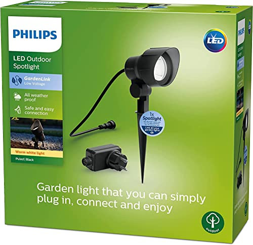 Philips Außenspot 1-er Starter Set (6 W), wetterfester Niedervolt Bodenspot mit Erdspieß und warmweißem Licht, energiesparende LED Beleuchtung, schwarz