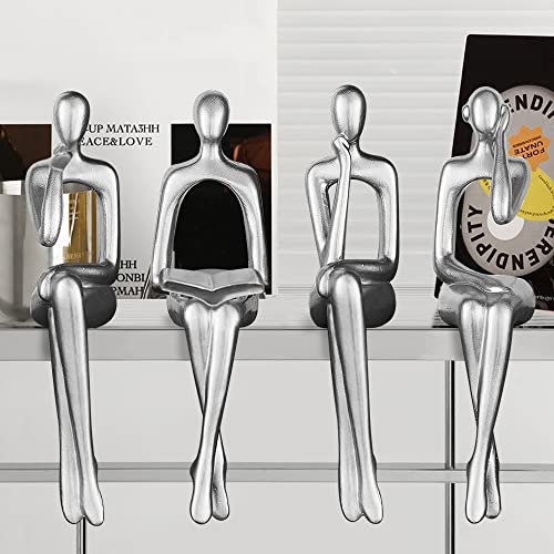 4pcs Home Decor Silver Thinker Statue Modern Resin Abstract Sculpture,Art Action Figurines Ornaments For Living Room Bathroom Office Desk Bookshelf Coffee Table Decor Collectible Accents Gift