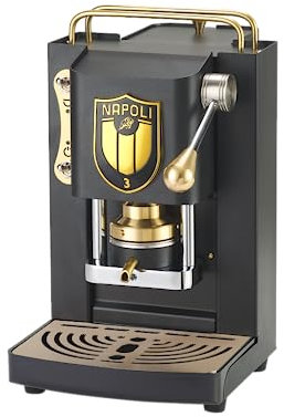 FABER COFFEE MACHINES | Modell Pro Mini Deluxe Scudetto | Kaffeemaschine für ESE-Pads 44 mm | Farbe matt schwarz mit Messing-Finish | Padpresse aus Messing | Napoli Campione (Logo Schwarz)