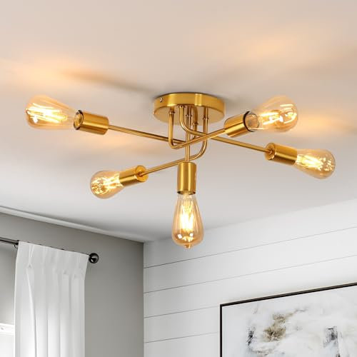 Dorlink Sputnik Ceiling Light, 5 Bulbs Ceiling Lights for Living Room, Gold Light Fittings E27, Semi Flush Industrial Lighting Ceiling, Gold Chandelier Lighting for Kitchen, Dining Room (No Bulbs)
