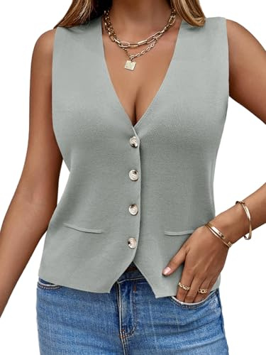 Saodimallsu Gilet sans manches en tricot avec col en V et boutons pour femme