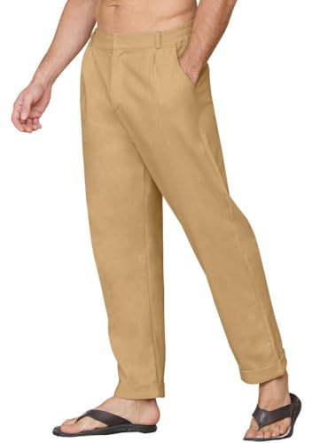 Yutdeng Pantalones Lino Hombre Verano Pantalon Largo Pantalón Lino Algodón Ligeros con Bolsillos Cintura Elástica Pantalon Vestir Casual Anchos Pantalones de Verano Hombre Regular Fit,Caqui,XL
