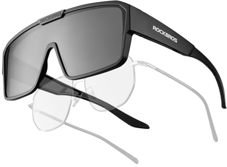 ROCKBROS Occhiali da Sole Ciclismo Sovrapponibili, Occhiali Sportivi Uomo, Sovraocchiali Polarizzati, Protezione UV400, Adatto per Bici MTB Corsa Pesca, Nero e Lenti Grigie