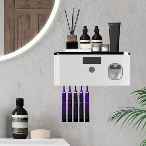 Soporte para Cepillo,Dispensador Automático de Pasta de Dientes y Portacepillos de Pared con 5 Ranuras,Porta Cepillo De Dientes con FuncióN De Esterilizador De Rayos Ultravioleta sin Taladrar