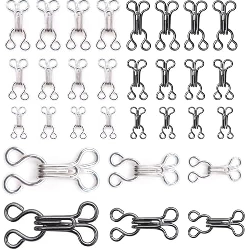 Cjkoonsa 24 Set Sewing Hooks and Eyes Closure, 3 Sizes Bra Hook eye closure, Clothing Fasteners for Bra, Skirt, Clothing Trousers(Silver, Black)