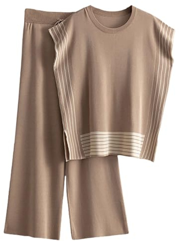 Veriliss Two Piece Outfits for Women Co Ord Sets Knited Sweater Set Tracksuit Pullover Tops Elastic Waisted Pants Lounge Wear(Stripe-Coffee,M)