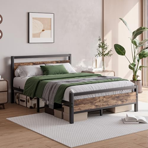 JELUTE Marco de cama Plataforma de metal con cabecera y pata de cama de madera, soporte de acero resistente, sin necesidad de somier tapicero, montaje fácil (negro, 140 x 190 cm)