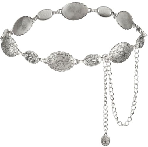 DRESHOW Western Metal Concho Bälte för Kvinnor Cowgirl Boho Concho Kedja Justerbar Silver Guld Vintage Midjekedja för Kvinnor Till Klänningar Jeans och Countrykonserter