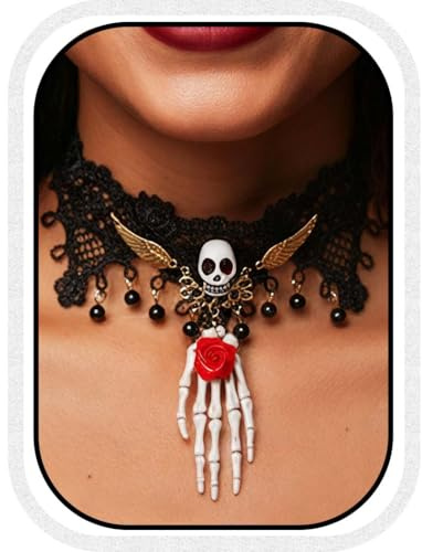 Unicra Collier ras-du-cou en dentelle noire avec squelette gothique pour femme
