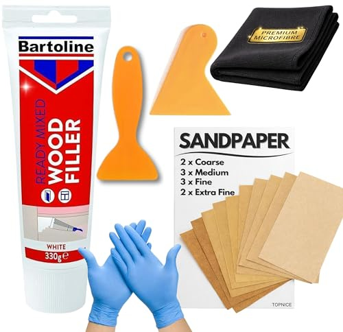 Wood Filler White 330g - Ready Mixed for Multipurpose Use with 10 Assorted Sandpapers, 2 Spreaders, Microfibre Cloth and a Pair of Gloves - Ideal Wood filler exterior and interior - Packaging May Vary
