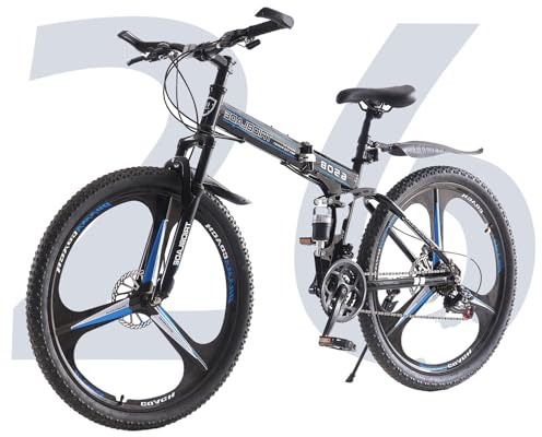 TRIOBLADE 24/26/27.5'' Folding Mountain Bike 21Speed Foldable Mountain Bicycle with Dual Disc Brakes 3 Spoke Wheels Mountain Bikes Dual Suspension Design for Adult Men Women (Black&Blue, 26inch)