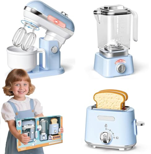 BAKAJI Set Elettrodomestici da Cucina Giocattolo Blu per Bambini, Planetaria, Tostapane e Frullatore, Luci e Suoni Realistici, Mixer, Impastatrice, Frullino, Giochi di Ruolo e Finzione, Idea Regalo