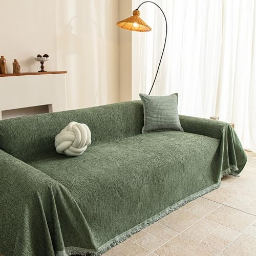 Mossgrönt sofföverdrag, grönt pläd, sofföverkast, enfärgad, sofföverdrag, soffskydd, manchester, 230 x 340 cm, skyddsöverdrag, soffskydd för 2/3-sits soffa, säng, mysigt hörn, hund, katt, klösskydd