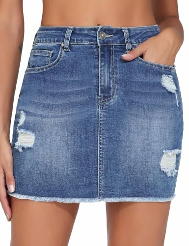 THE GYM PEOPLE Women's Ripped Denim Mini Skirt Frayed Raw Hem Jean Skirt