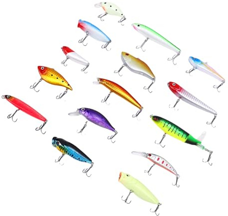 Cosiki Juego de Cebos de Pesca de 15 Piezas, Herramienta de Aparejos de Pesca Realista de Plástico ABS Exquisitamente Hecha para Barramundi, Tilapia, Bagre Wels y Cabeza de Serpiente