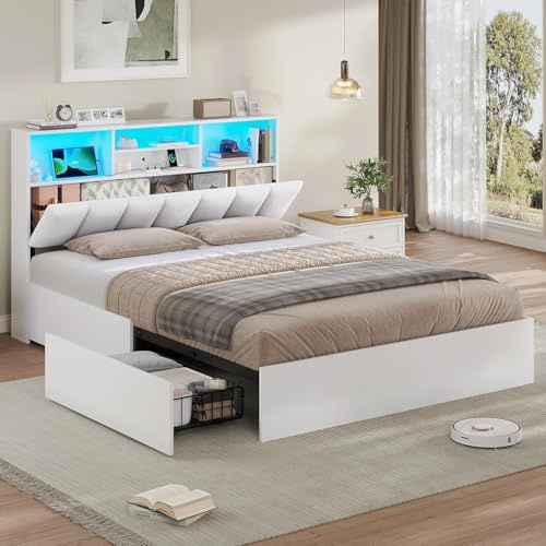 AOGLLATI Letto Matrimoniale, Letto 140×190 cm con LED e Stazione di Ricarica, Struttura Letto Matrimoniale con 4 Cassetti Contenitori e Testiera Imbottita in PU, Bianco(Senza Materasso)