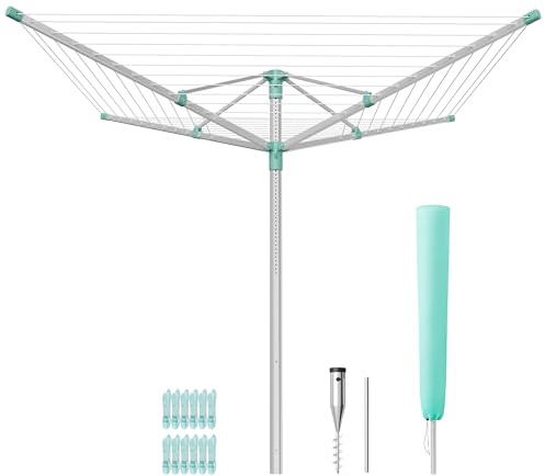 SONGMICS Stendibiancheria a Ombrello, Stendino da Esterno, Altezza Regolabile, Lega di Alluminio, Ancoraggio al Suolo, con Copertura, Clip, Argento e Verde, 50 m di Filo, per 5 Lavaggi LLR301E01V1