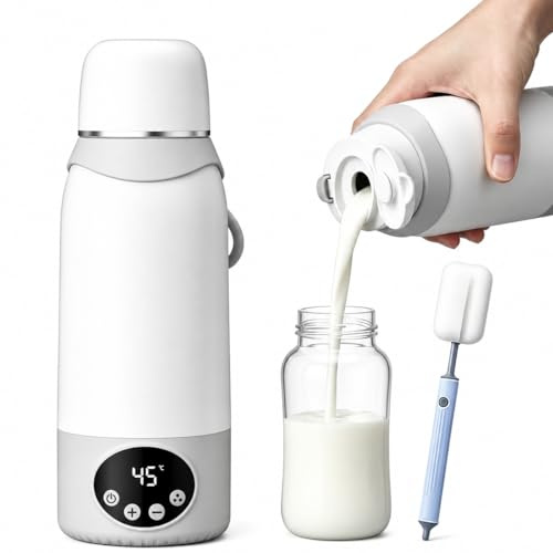 Chauffe Biberon Portable Sans Fil 500ml, Batterie 12000mAh, Chauffe Rapide 3 Min, Température Réglable 37-100°C, Rechargeable Type-C, Inox 316L, Idéal Voyage/Voiture/Nuit